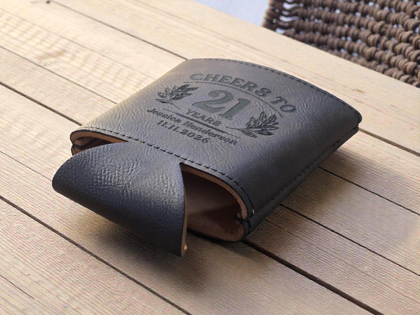21st Birthday Party Favors, Personalized Engraved Leatherette Can Holder, Bulk Party Favor Gift, Silver/Gold/Gray/Brown/Rawhide
