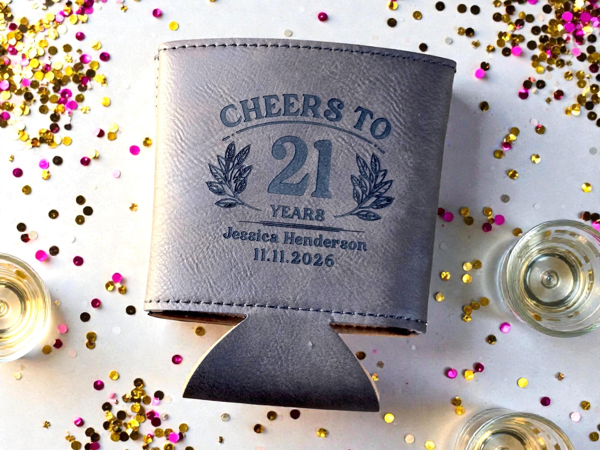 21st Birthday Party Favors, Personalized Engraved Leatherette Can Holder, Bulk Party Favor Gift, Silver/Gold/Gray/Brown/Rawhide