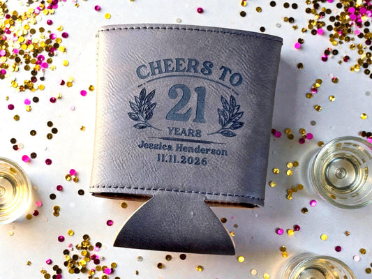 21st Birthday Party Favors, Personalized Engraved Leatherette Can Holder, Bulk Party Favor Gift, Custom Celebratory Gifts