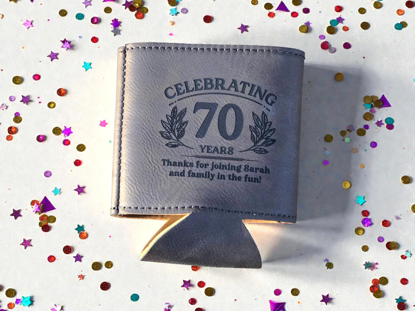 70th Birthday Party Favors, Personalized Engraved Leatherette Can Holder, Bulk Party Favor Gift, Custom Celebratory Gifts