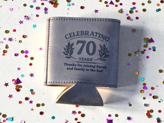 70th Birthday Party Favors, Personalized Engraved Leatherette Can Holder, Bulk Party Favor Gift, Custom Celebratory Gifts