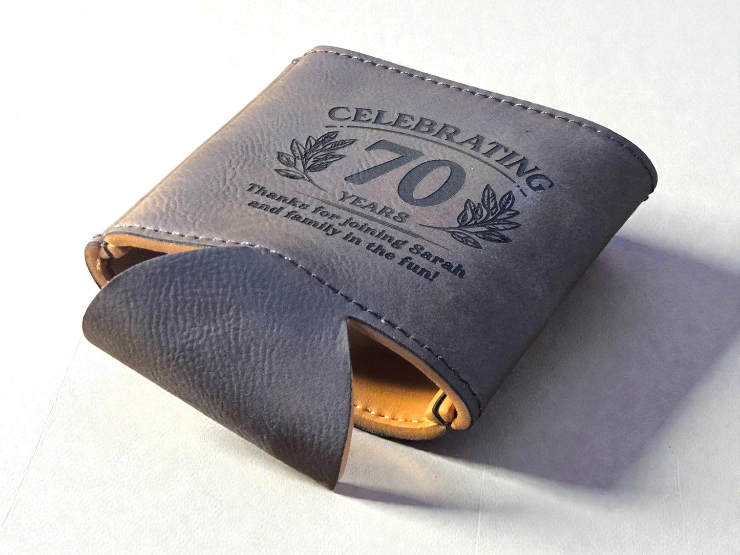 70th Birthday Party Favors, Personalized Engraved Leatherette Can Holder, Bulk Party Favor Gift, Custom Celebratory Gifts