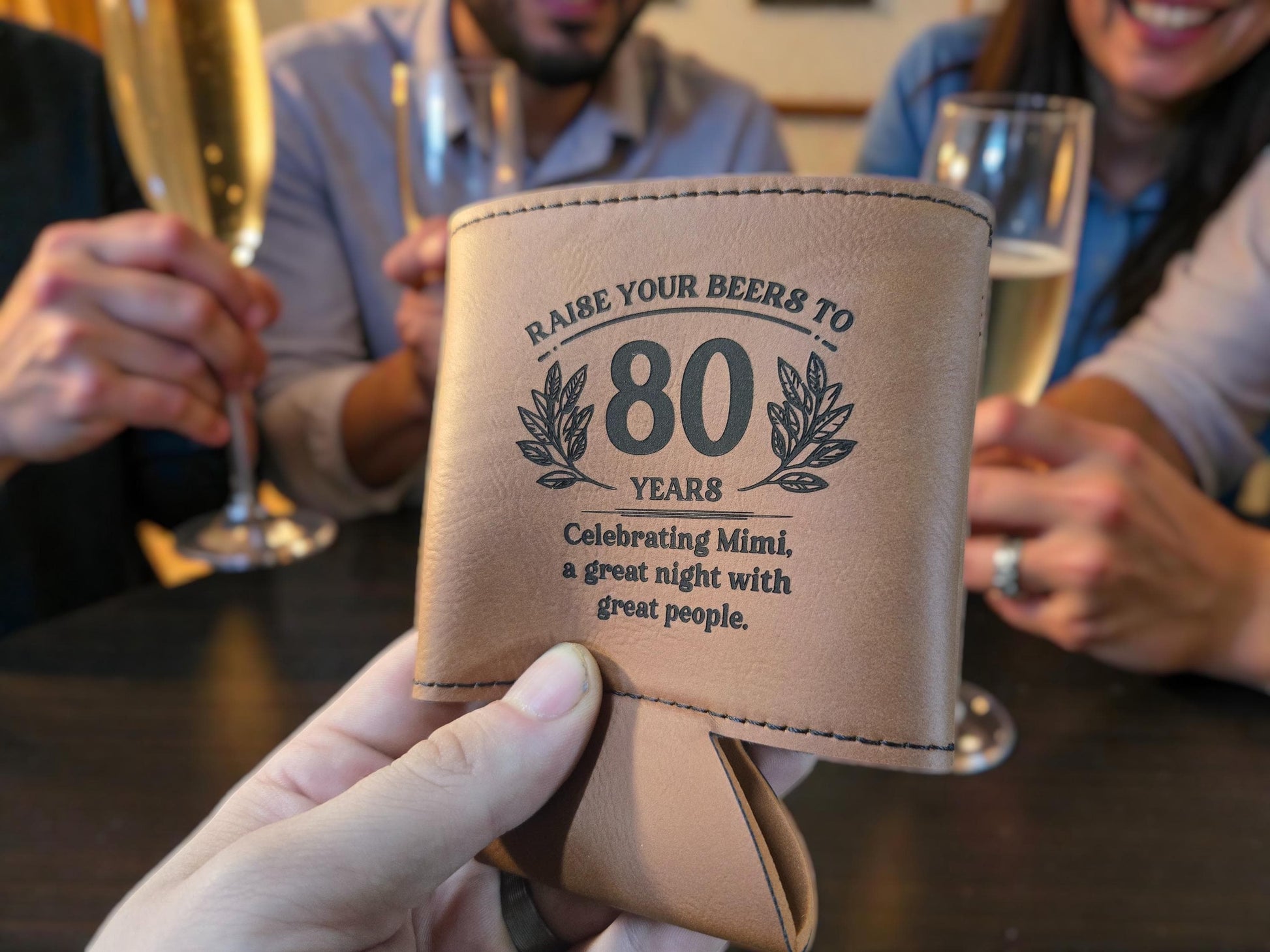 80th Birthday Party Favors, Personalized Engraved Leatherette Can Holder, Bulk Party Favor Gift, Gold/Silver/Brown/Gray/Rawhide
