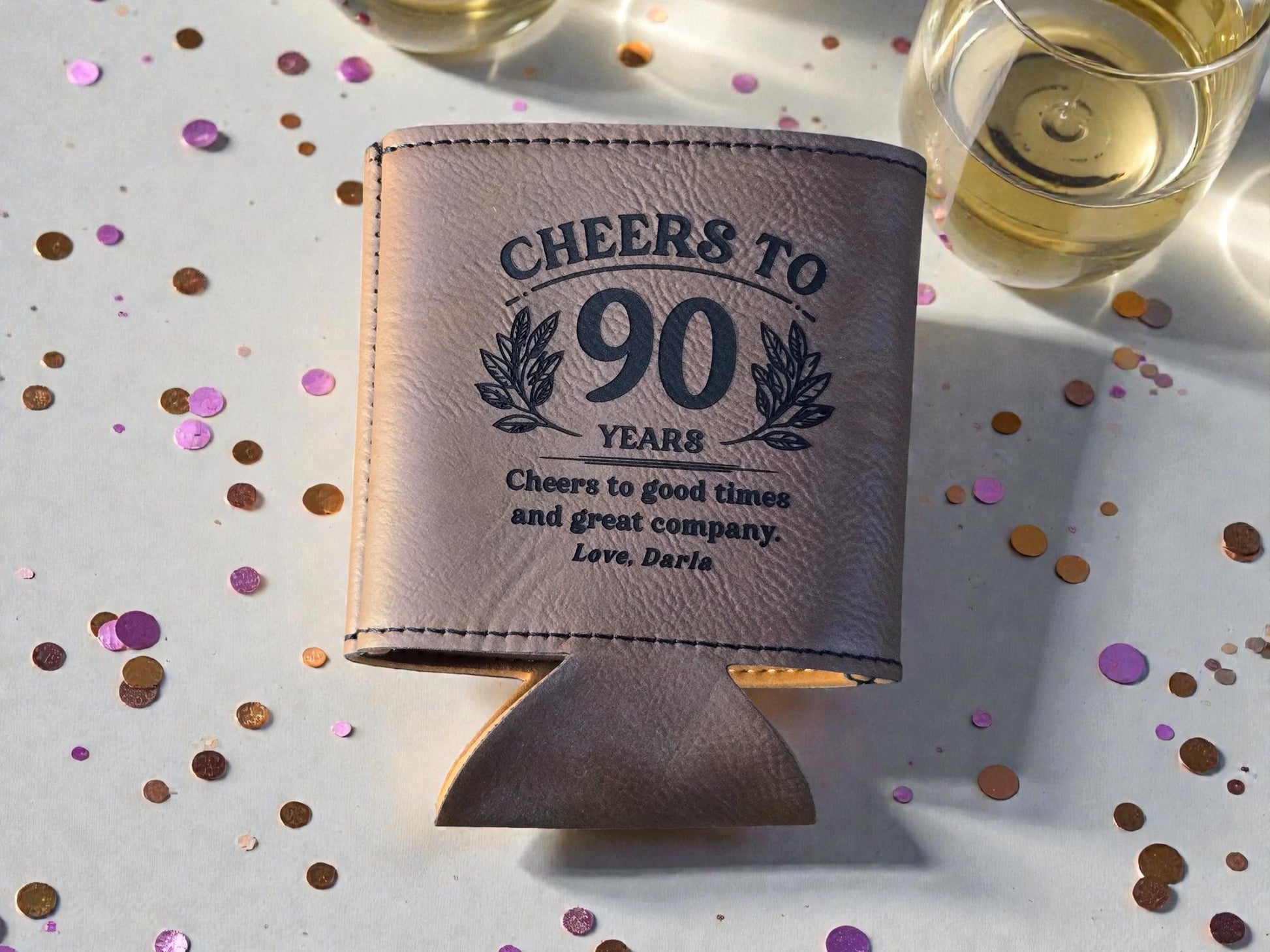 90th Birthday Party Favors, Personalized Engraved Leatherette Can Holder, Bulk Party Favor Gift, Gold/Silver/Gray/Rawhide/Brown