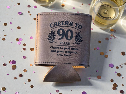 90th Birthday Party Favors, Personalized Engraved Leatherette Can Holder, Bulk Party Favor Gift, Custom Celebratory Gifts