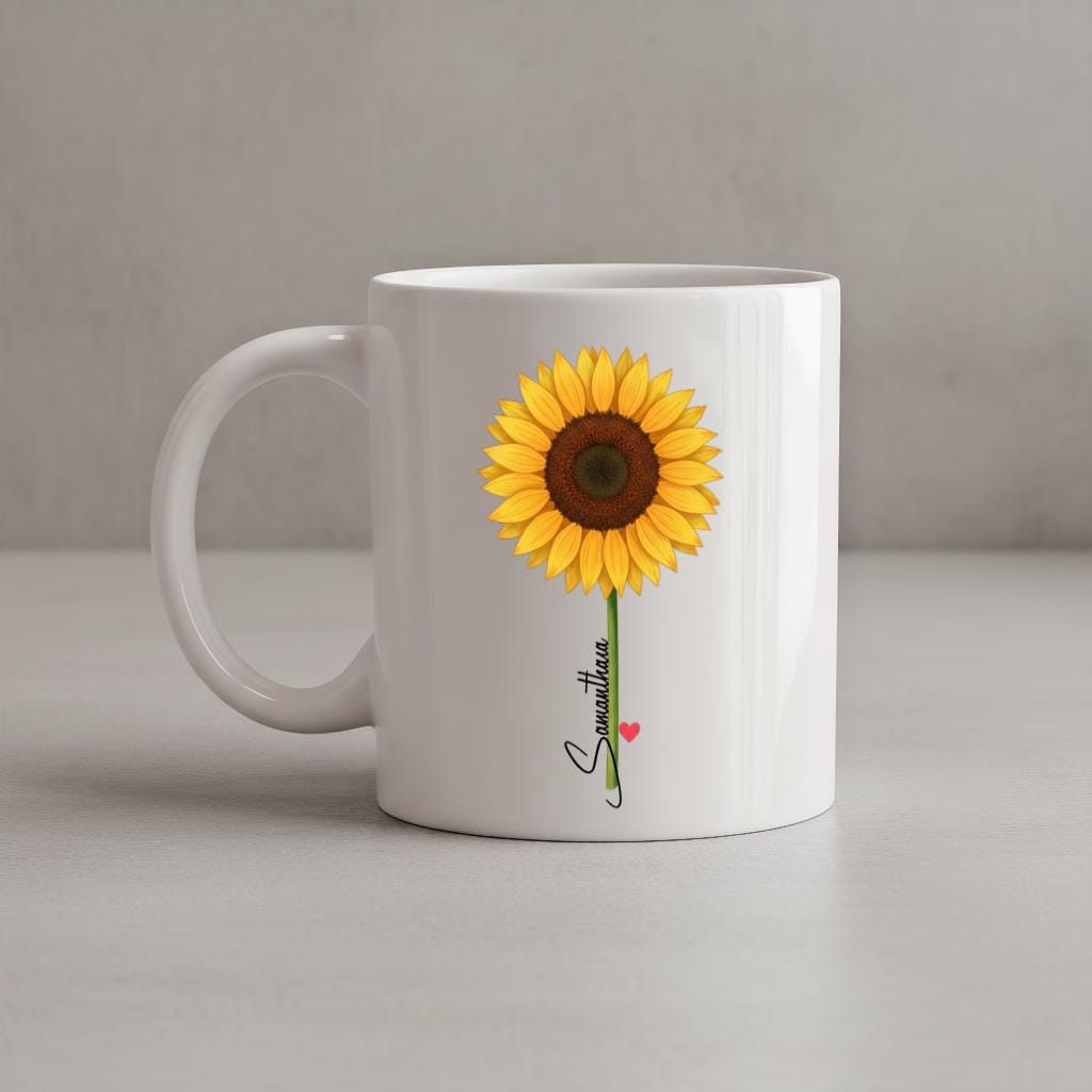 Sunflower Mug with Name, Personalized Floral Coffee Cup for Her, Cute Minimal Design, Birthday Gift for Women