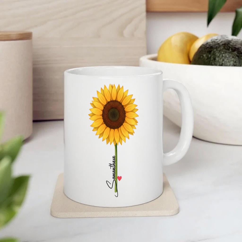 Sunflower Mug with Name, Personalized Floral Coffee Cup for Her, Cute Minimal Design, Birthday Gift for Women