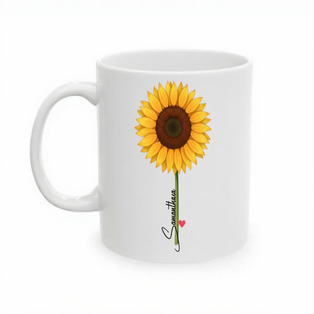 Sunflower Mug with Name, Personalized Floral Coffee Cup for Her, Cute Minimal Design, Birthday Gift for Women
