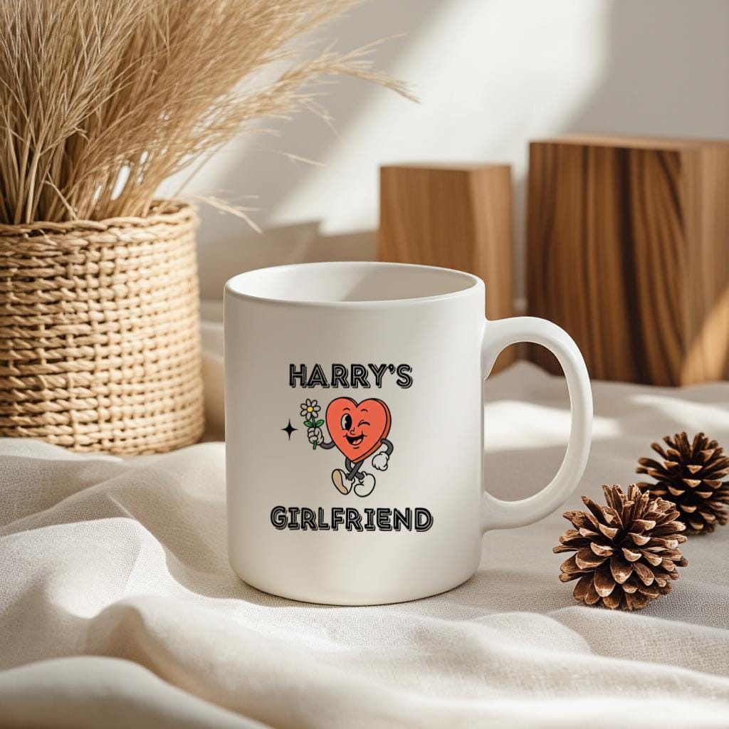 Funny Heart Character Mug, "Harry's Girlfriend" Text Cup, Cute Love Joke Gift for Girlfriend, Daily Coffee Use