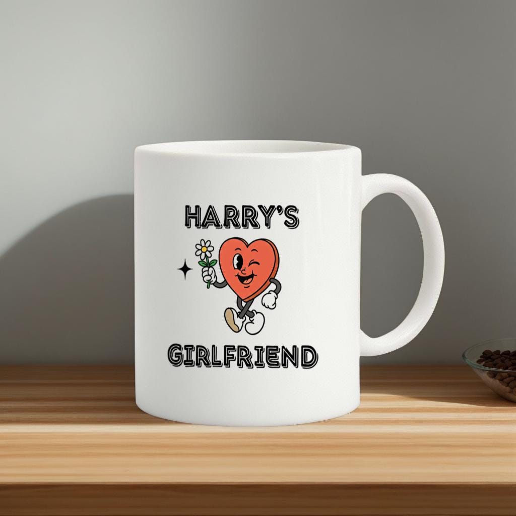 Funny Heart Character Mug, "Harry's Girlfriend" Text Cup, Cute Love Joke Gift for Girlfriend, Daily Coffee Use