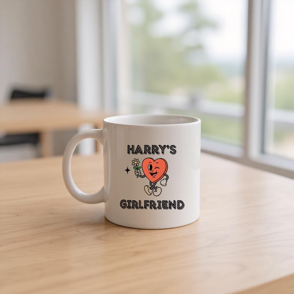Funny Heart Character Mug, "Harry's Girlfriend" Text Cup, Cute Love Joke Gift for Girlfriend, Daily Coffee Use