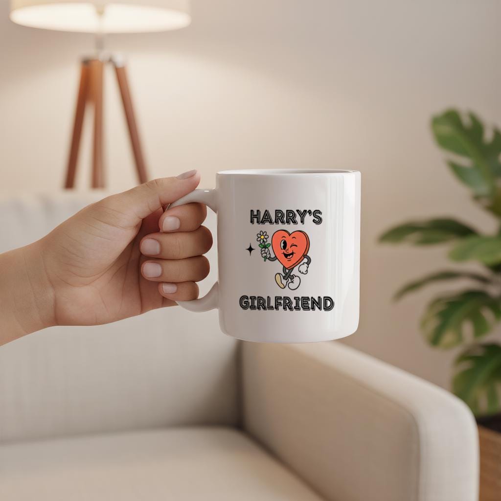 Funny Heart Character Mug, "Harry's Girlfriend" Text Cup, Cute Love Joke Gift for Girlfriend, Daily Coffee Use