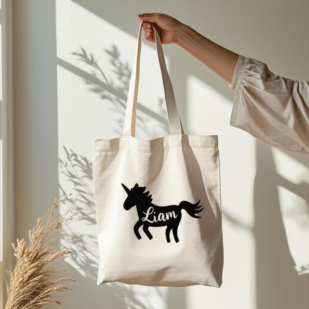 Personalized Unicorn Tote Bag, Custom Name Canvas Style Shoulder Bag for Women, Cute Everyday Use Shopping Bag
