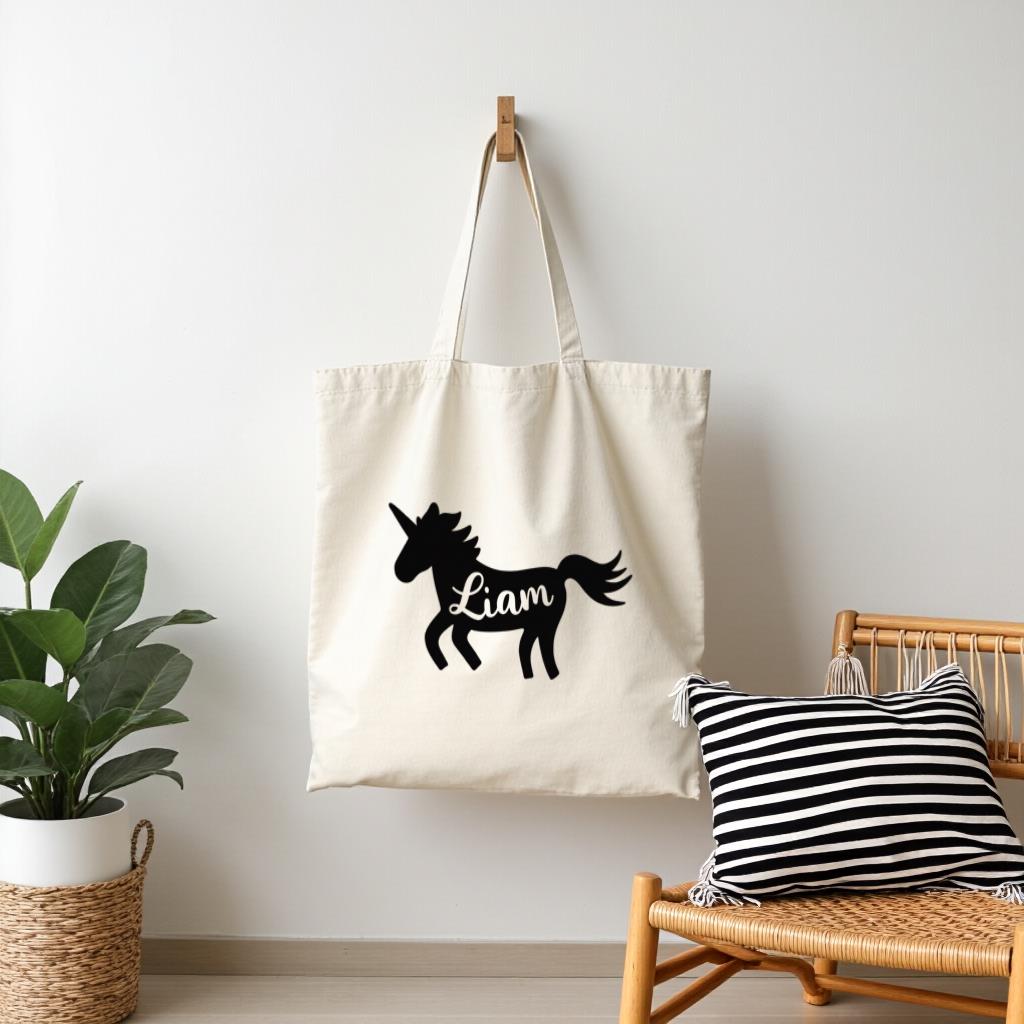 Personalized Unicorn Tote Bag, Custom Name Canvas Style Shoulder Bag for Women, Cute Everyday Use Shopping Bag