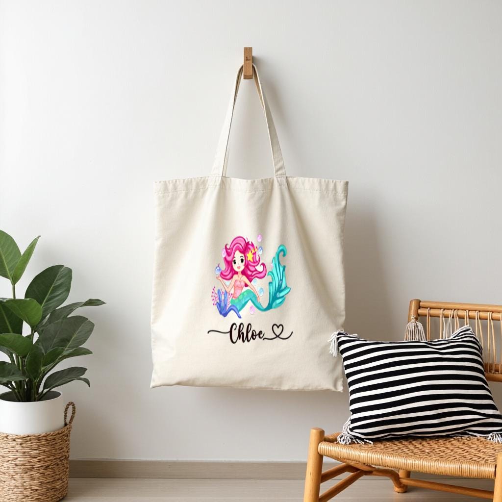 Personalized Mermaid Tote Bag, Custom Name Canvas Shopper, Cute Ocean Design | Gift for Girls, Beach Trip Bag