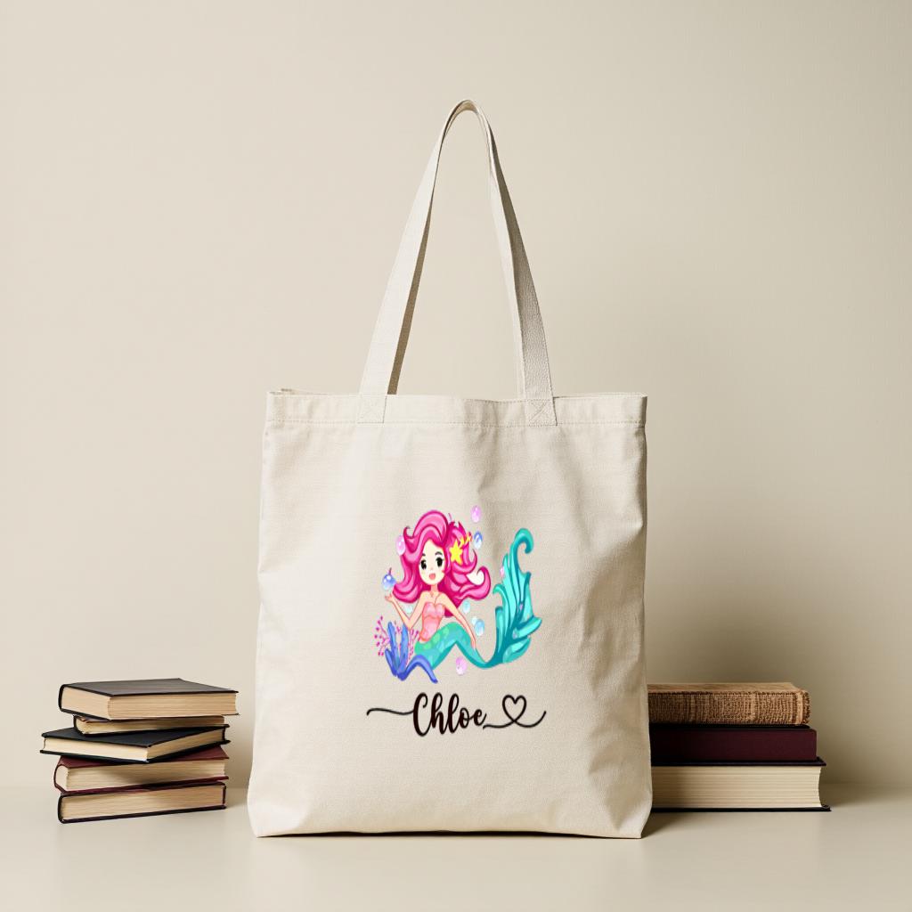 Personalized Mermaid Tote Bag, Custom Name Canvas Shopper, Cute Ocean Design | Gift for Girls, Beach Trip Bag