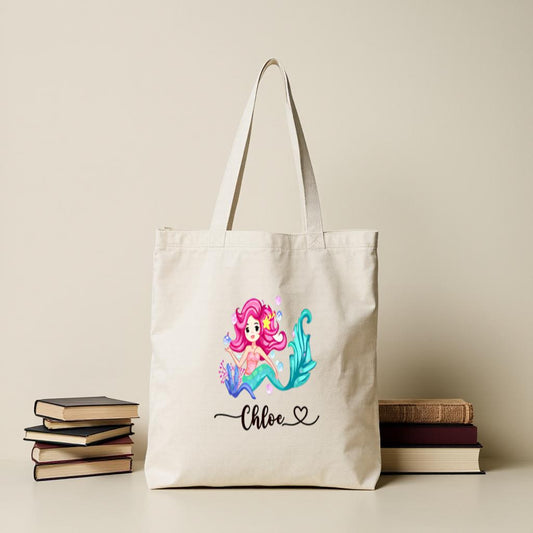 Personalized Mermaid Tote Bag, Custom Name Canvas Shopper, Cute Ocean Design | Gift for Girls, Beach Trip Bag