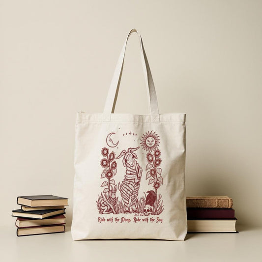Cotton Canvas Tote Bag with Zodiac Tiger Line Art, Celestial Sun Moon Design, Gift for Astrology Lovers