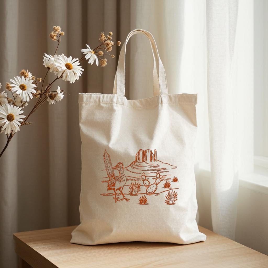 Desert Landscape Tote Bag, Minimal Line Art Canvas Style Shoulder Bag, Gift for Nature Lovers and Hikers