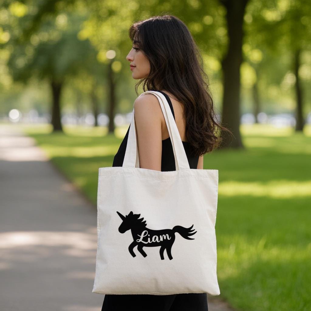 Personalized Unicorn Tote Bag, Custom Name Canvas Style Shoulder Bag for Women, Cute Everyday Use Shopping Bag