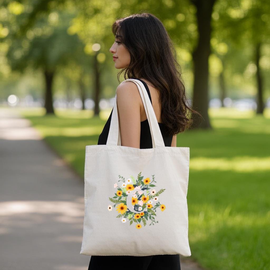 Floral Canvas Tote Bag, Wildflower Bouquet Printed Shopper Bag for Women, Reusable Market Tote for Everyday Use