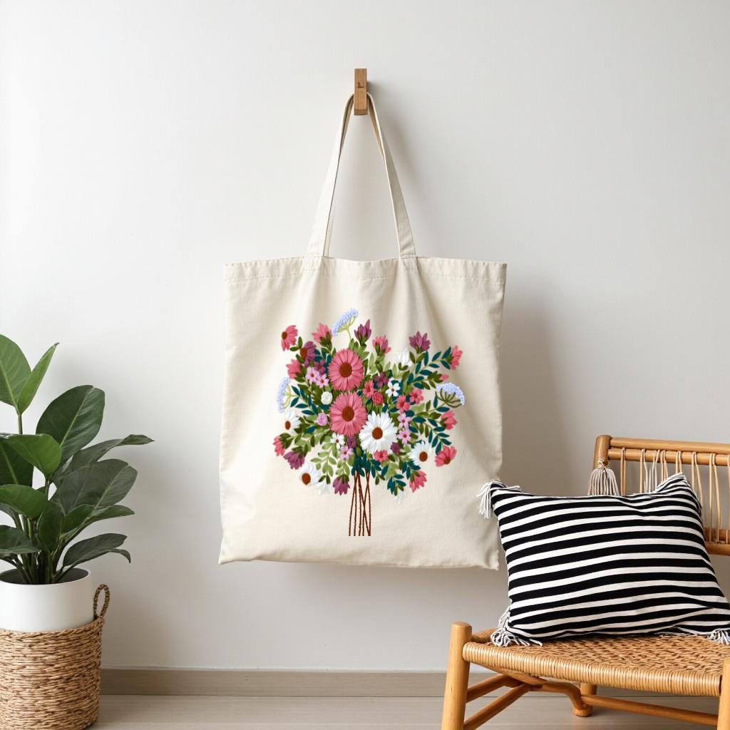 Floral Bouquet Tote Bag, Colorful Wildflower Canvas Style Shoulder Bag for Women, Gift for Flower Lovers