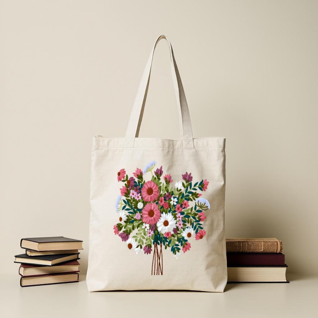 Floral Bouquet Tote Bag, Colorful Wildflower Canvas Style Shoulder Bag for Women, Gift for Flower Lovers
