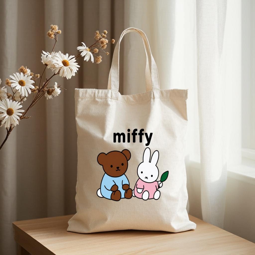 Cute Bunny & Bear Canvas Tote Bag, Minimal Cartoon Shopper for Women, Everyday Use Reusable Shoulder Bag