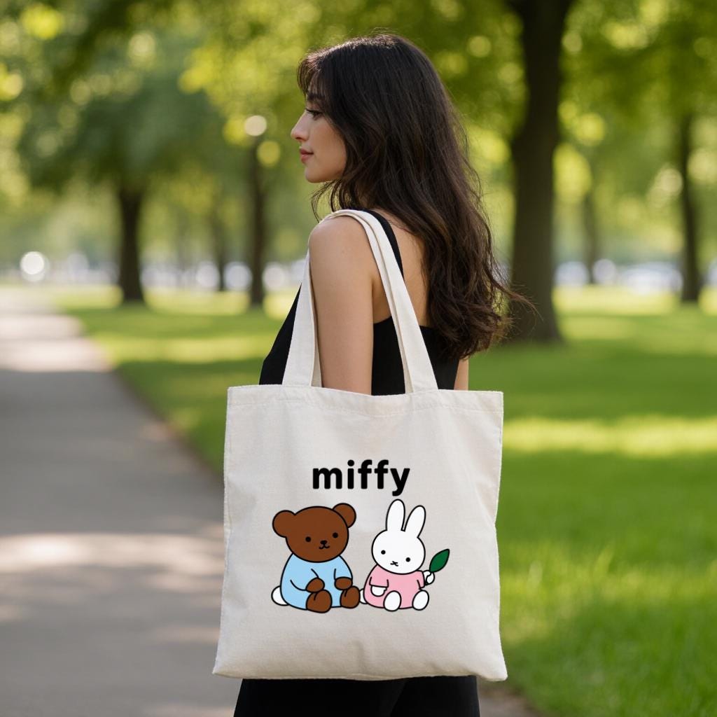 Cute Bunny & Bear Canvas Tote Bag, Minimal Cartoon Shopper for Women, Everyday Use Reusable Shoulder Bag