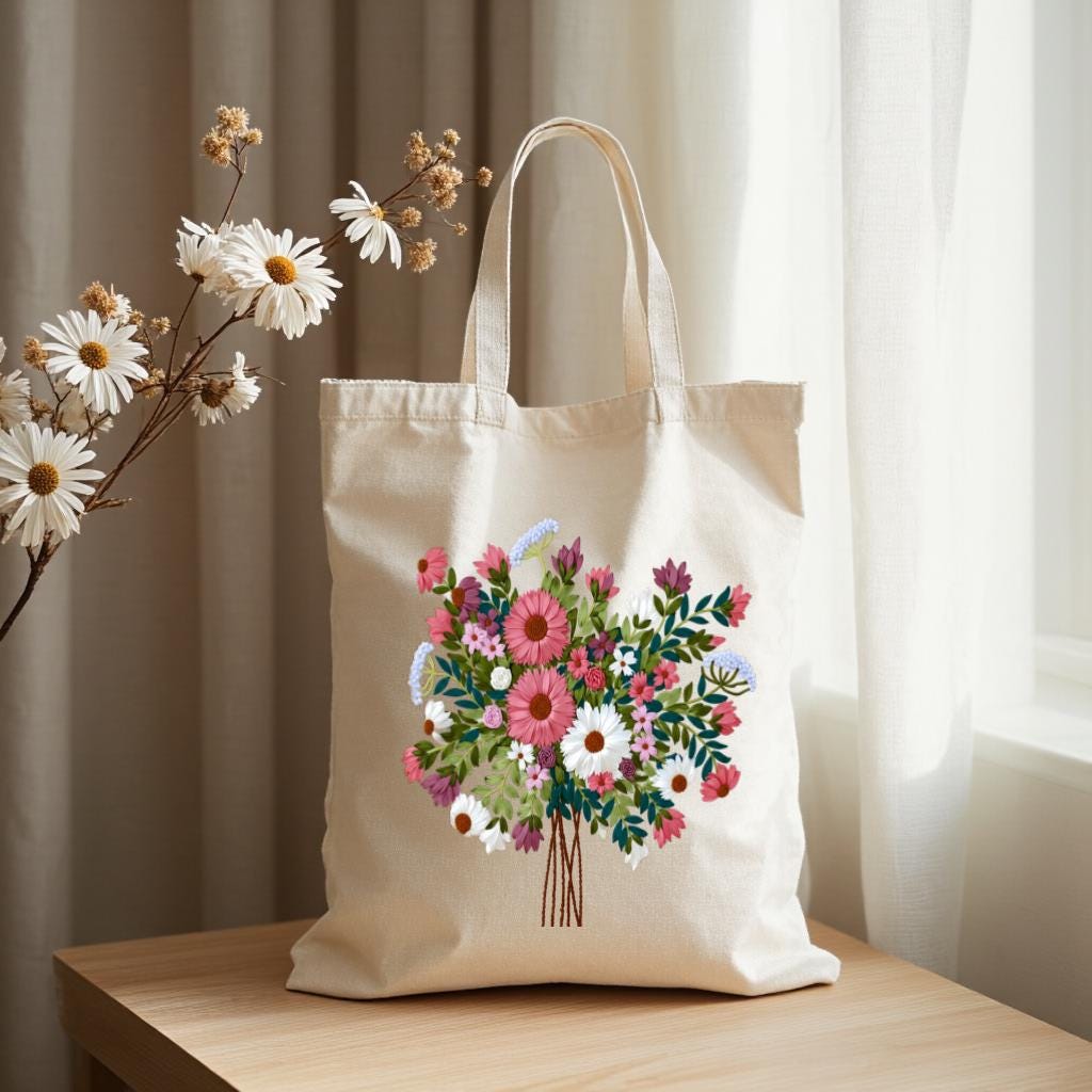 Floral Bouquet Tote Bag, Colorful Wildflower Canvas Style Shoulder Bag for Women, Gift for Flower Lovers