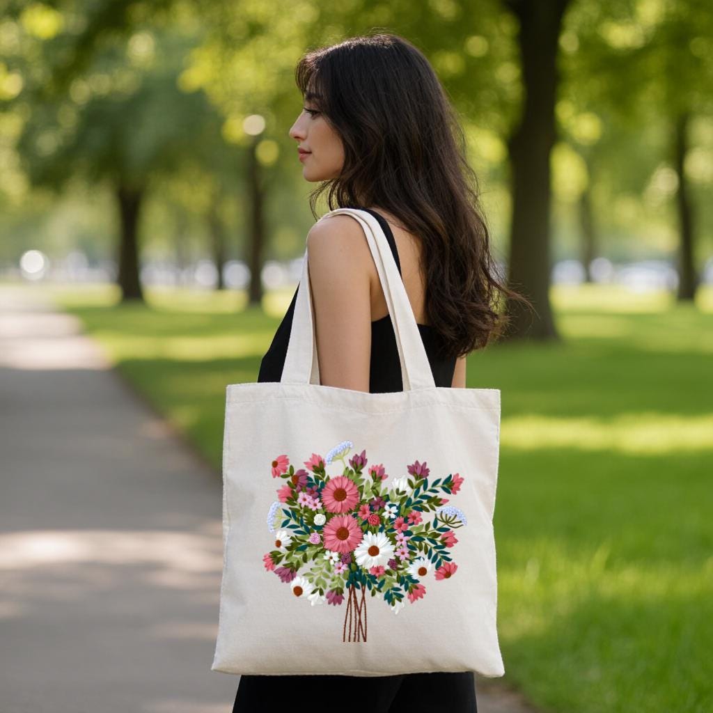 Floral Bouquet Tote Bag, Colorful Wildflower Canvas Style Shoulder Bag for Women, Gift for Flower Lovers
