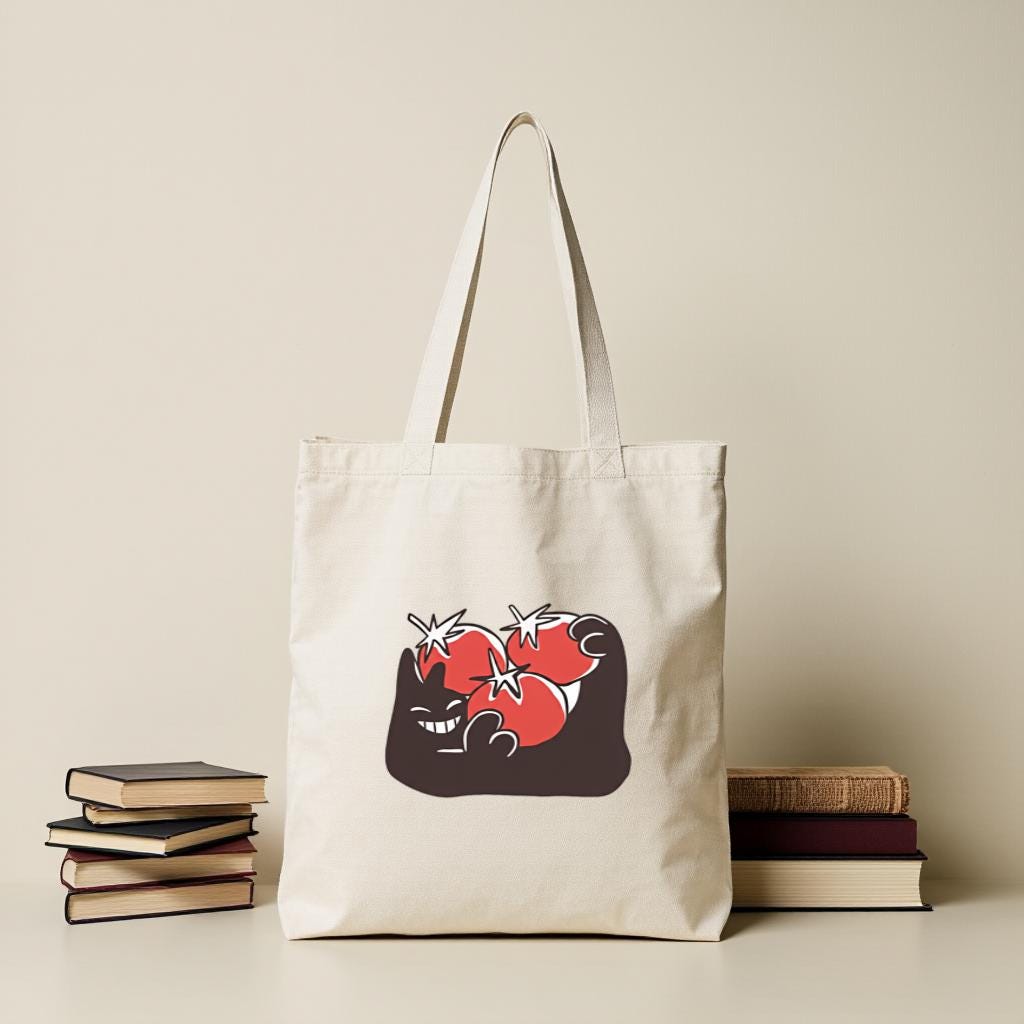 Canvas Tote Bag with Sleeping Cat & Heart Graphic, Cute Minimal Shopper for Cat Lovers, Gift for Cat Lovers