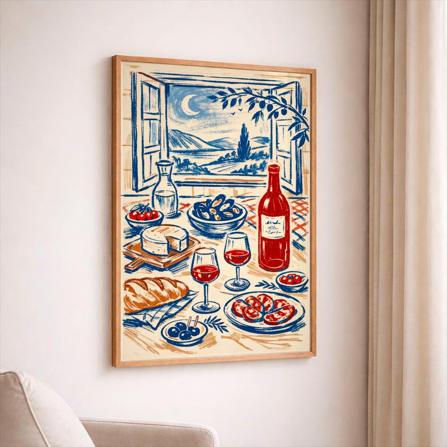Mediterranean Kitchen Wall Art Print with Wine and Cheese – Italian Food Illustration, Tuscan Style Decor, Kitchen Wall Art Gift