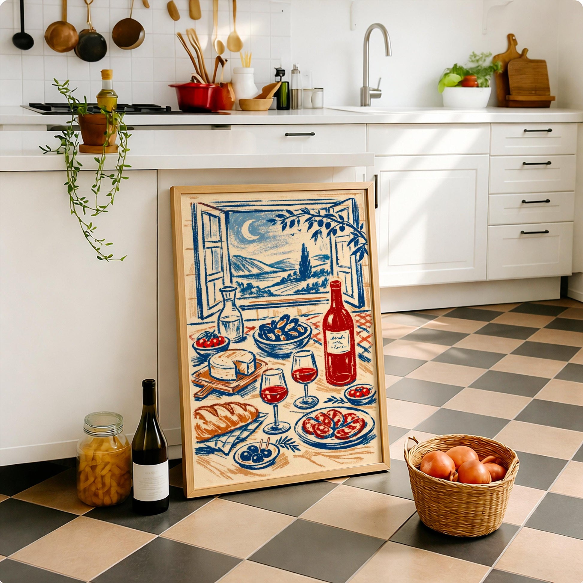 Mediterranean Kitchen Wall Art Print with Wine and Cheese – Italian Food Illustration, Tuscan Style Decor, Kitchen Wall Art Gift