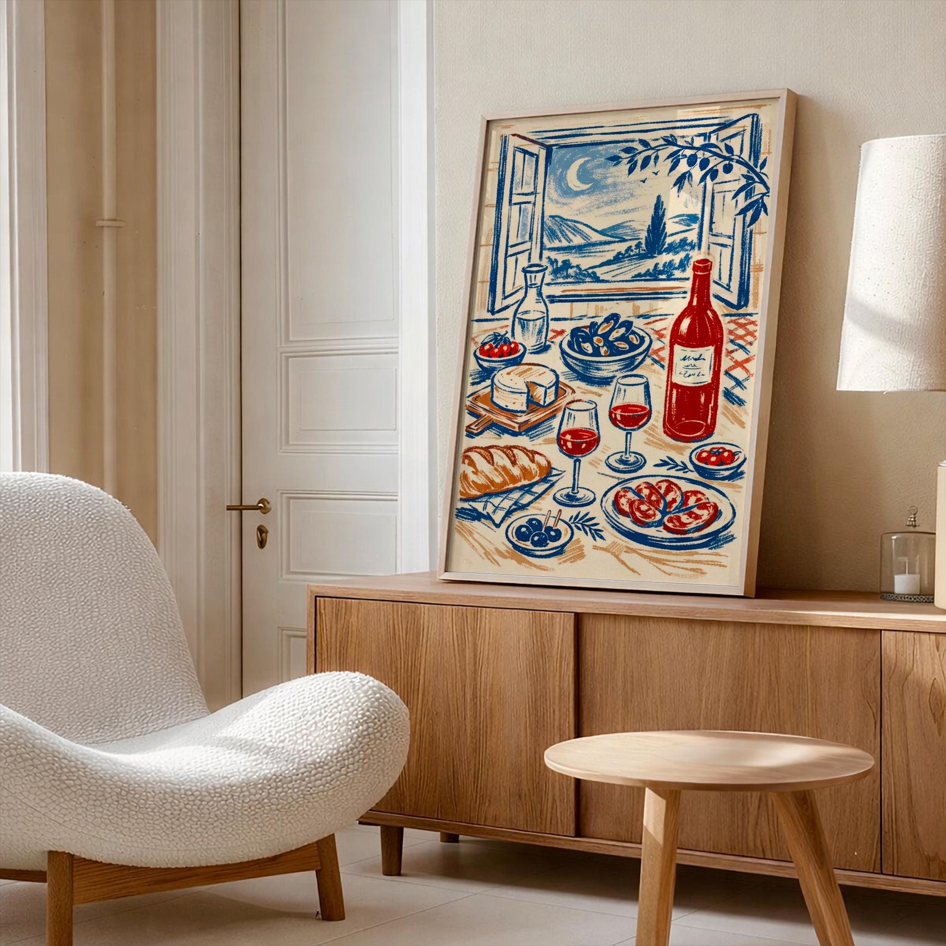 Mediterranean Kitchen Wall Art Print with Wine and Cheese – Italian Food Illustration, Tuscan Style Decor, Kitchen Wall Art Gift