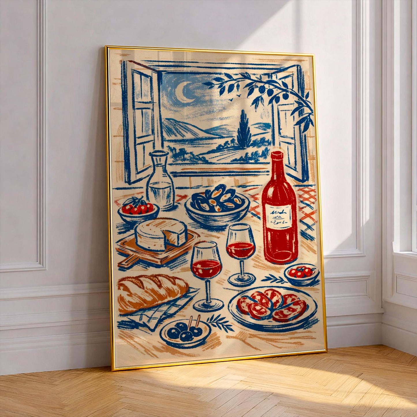Mediterranean Kitchen Wall Art Print with Wine and Cheese – Italian Food Illustration, Tuscan Style Decor, Kitchen Wall Art Gift