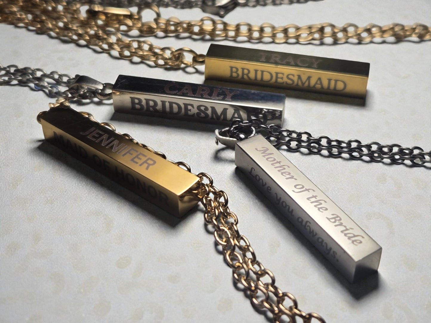 Personalized Bridesmaid Bar Necklace, Custom Silver Or Gold Pendant Necklace Chain For Maid Of Honor & Wedding Party