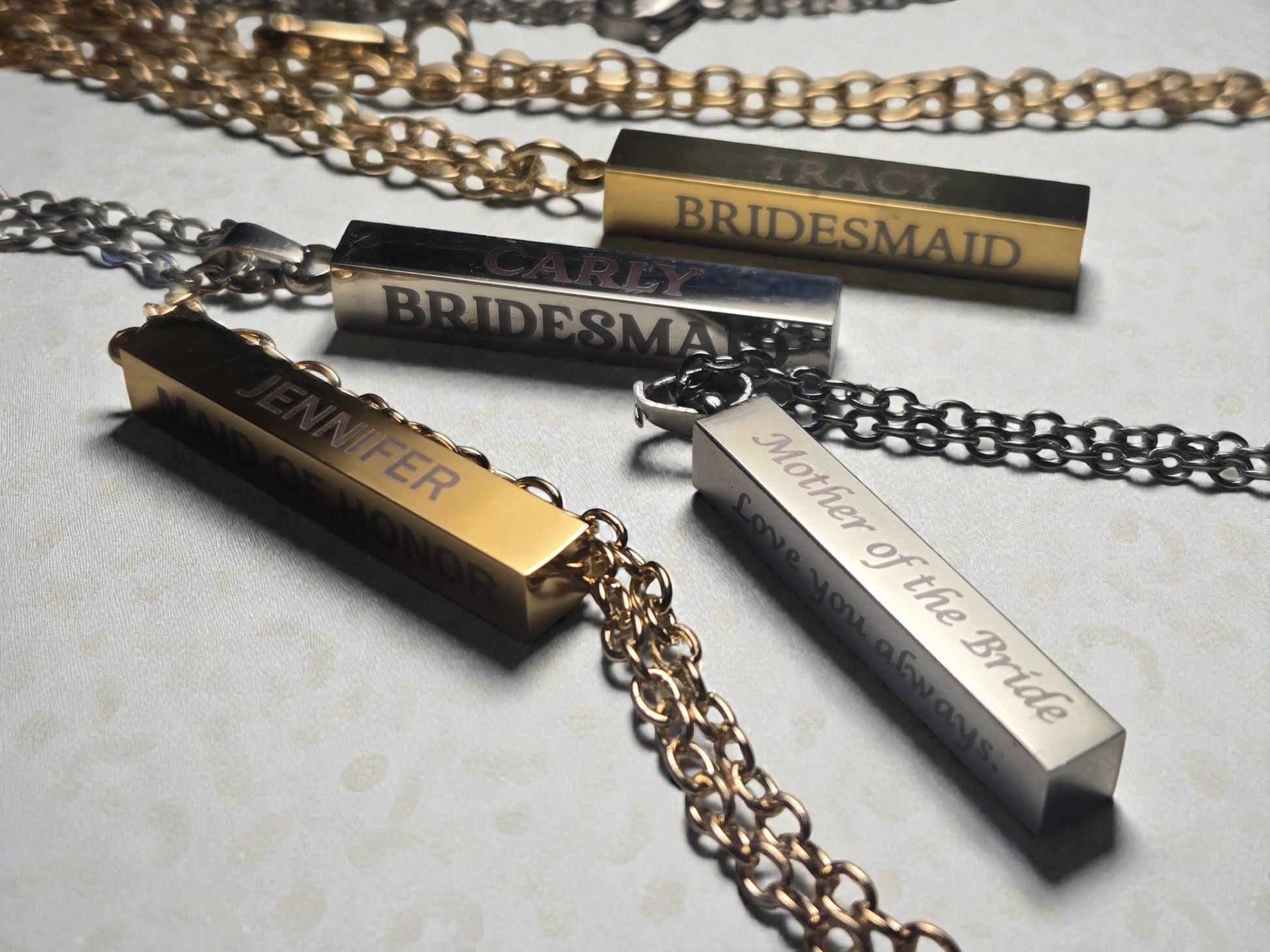 Personalized Bridesmaid Bar Necklace, Custom Silver Or Gold Pendant Necklace Chain For Maid Of Honor & Wedding Party