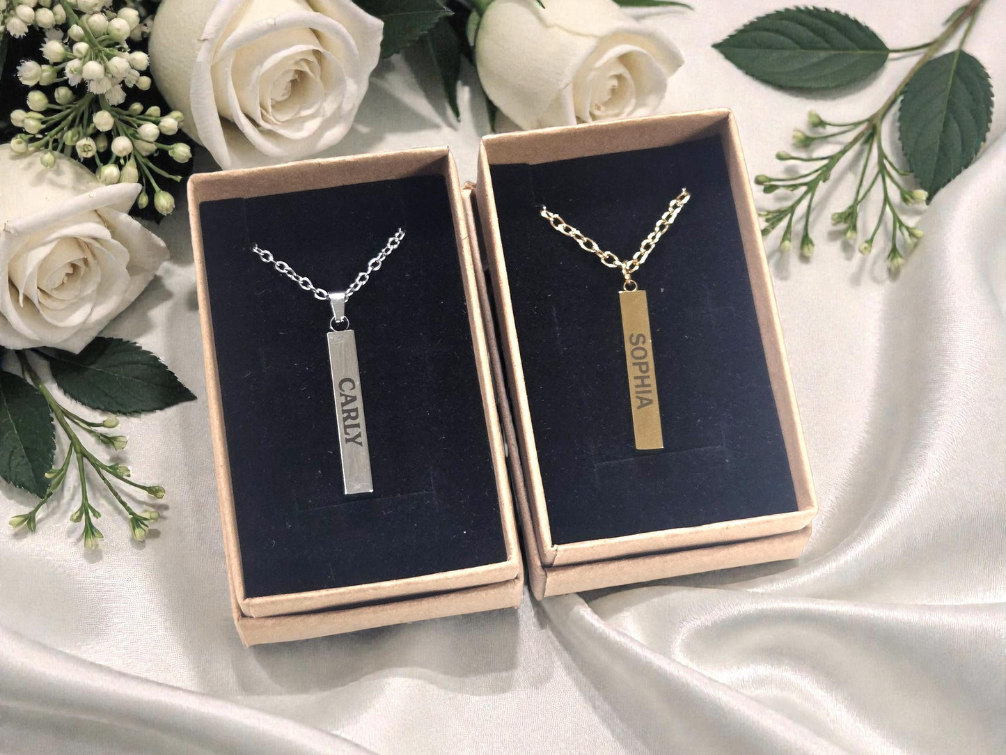 Personalized Bridesmaid Bar Necklace, Custom Silver Or Gold Pendant Necklace Chain For Maid Of Honor & Wedding Party