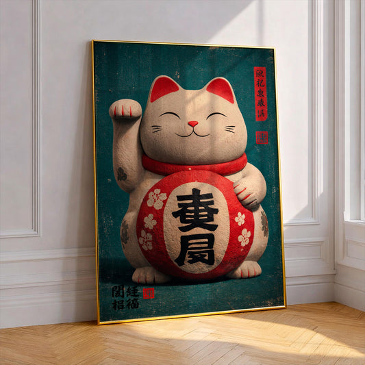 Japanese Lucky Cat Poster, Maneki Neko Wall Art, Vintage Japan Decor, Fortune Cat Print, Asian Aesthetic Artwork, Retro Style Gift