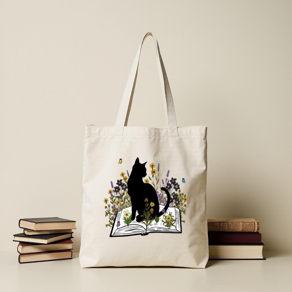 Cat Tote Bag, Floral Book Lover Canvas Style Shoulder Bag for Readers and Cat Moms, Gift for Cat Lovers
