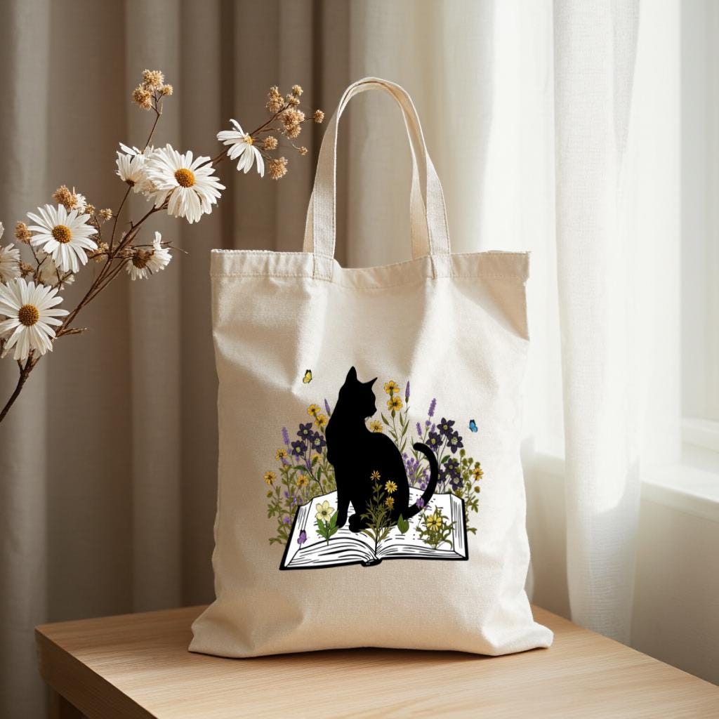Cat Tote Bag, Floral Book Lover Canvas Style Shoulder Bag for Readers and Cat Moms, Gift for Cat Lovers