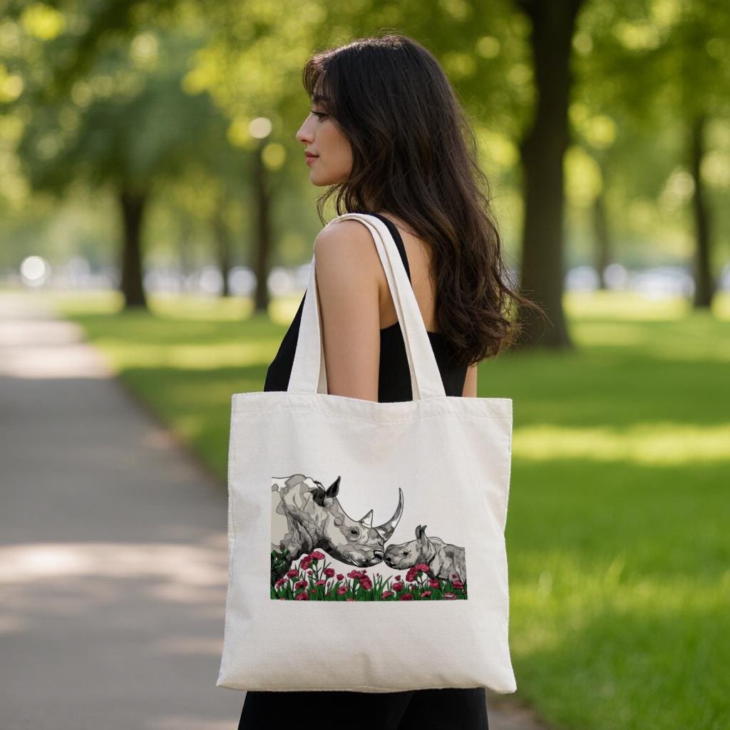 Rhino Tote Bag, Wildlife Illustration Canvas Tote, Nature Lover Bag, Reusable Grocery Tote, Gift for Animal Lovers