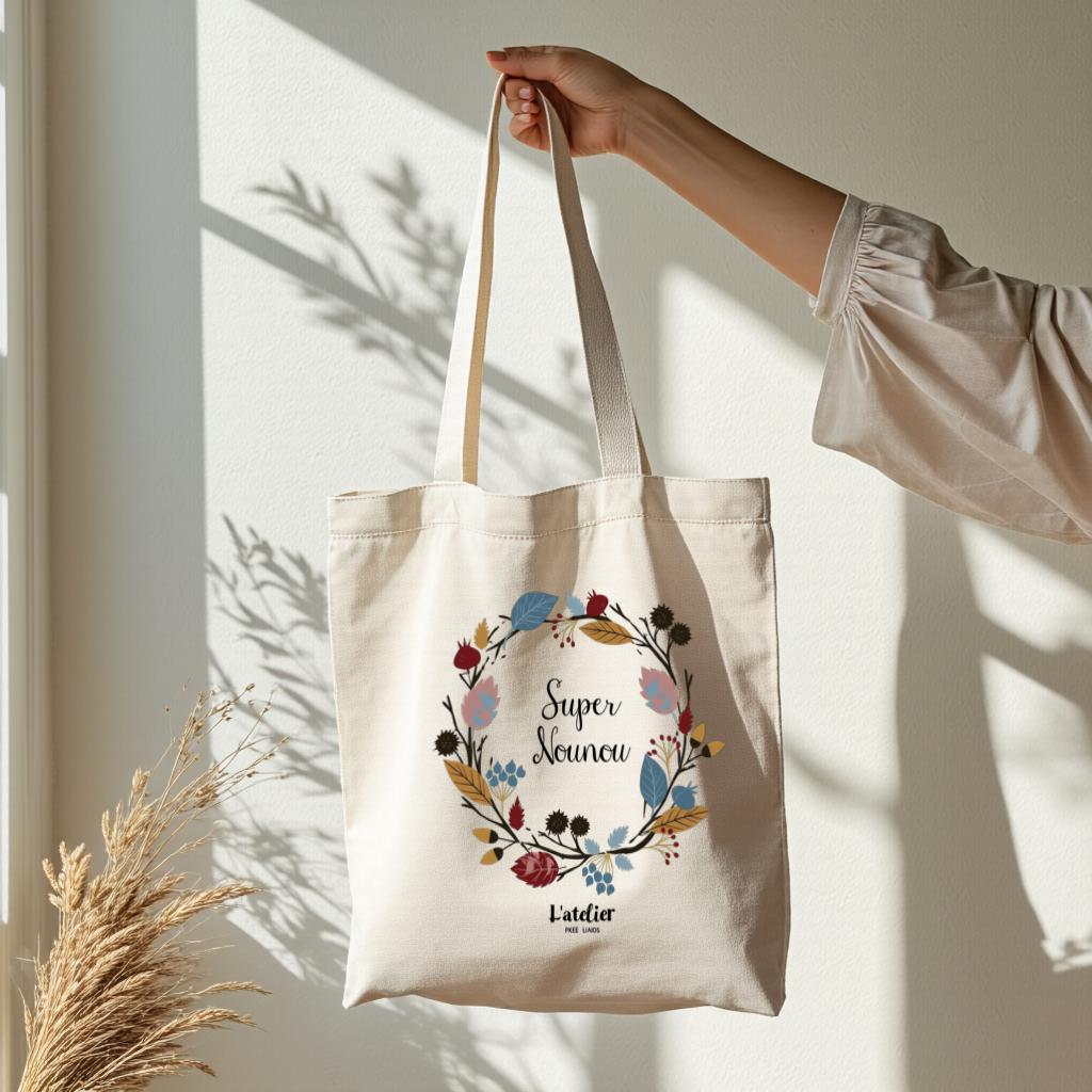 Floral Wreath Canvas Tote Bag, Super Nounou Quote Shopper Bag for Teachers, Gift for Nanny