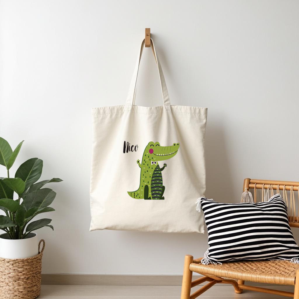Cute Alligator Tote Bag, Personalized Name Canvas Shoulder Bag for Kids and Teens, Gift for Her