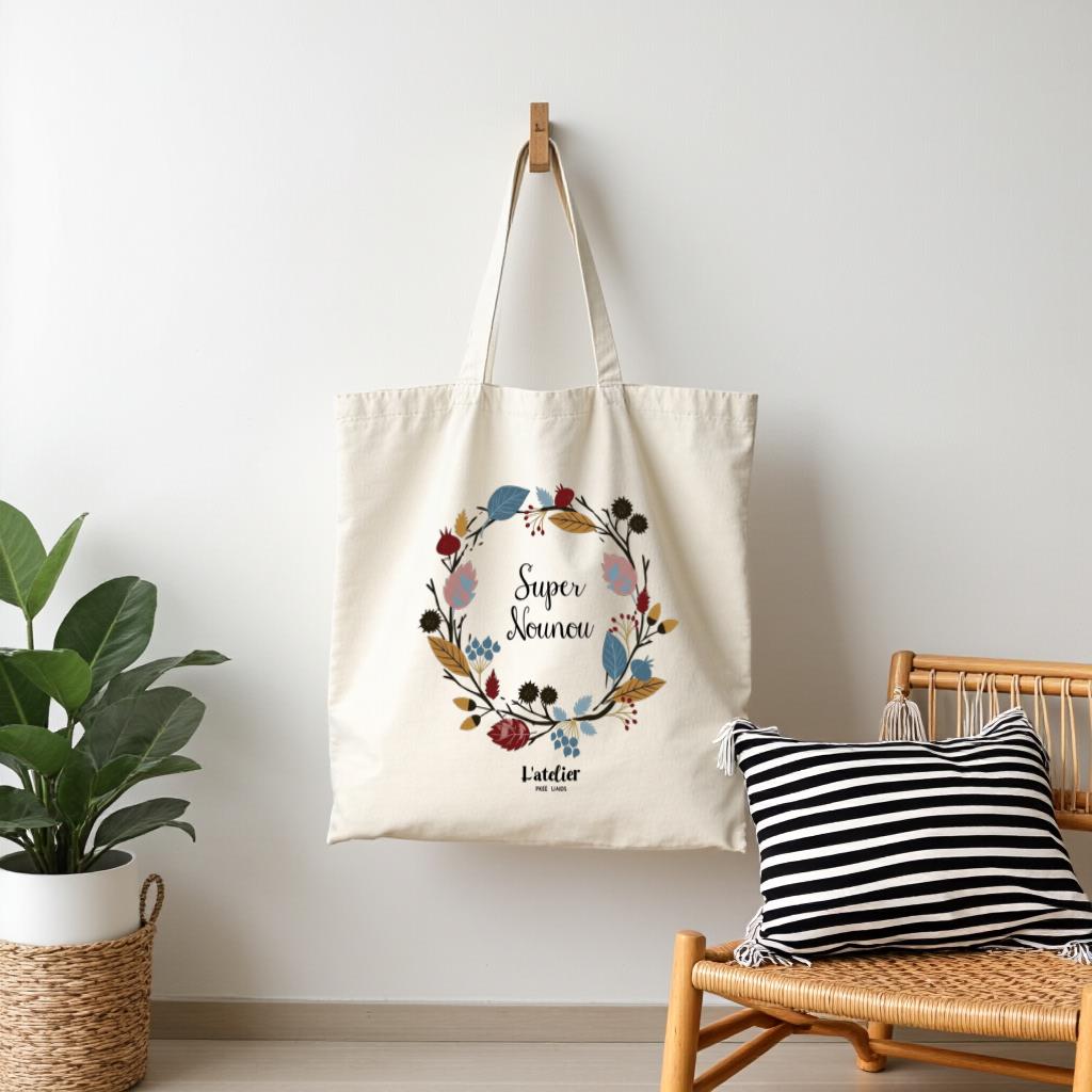 Floral Wreath Canvas Tote Bag, Super Nounou Quote Shopper Bag for Teachers, Gift for Nanny