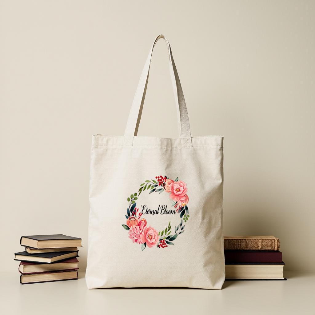 Floral Wreath Canvas Tote Bag, Personalized Name Carryall Purse for Women, Birthday Gift, Everyday Use