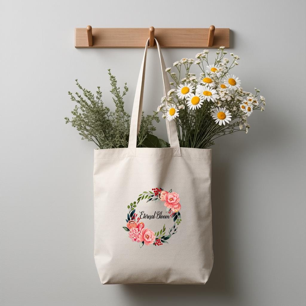 Floral Wreath Canvas Tote Bag, Personalized Name Carryall Purse for Women, Birthday Gift, Everyday Use