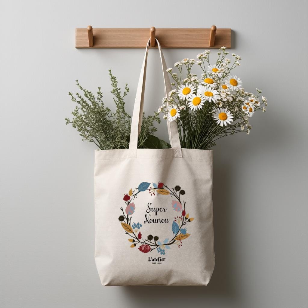 Floral Wreath Canvas Tote Bag, Super Nounou Quote Shopper Bag for Teachers, Gift for Nanny