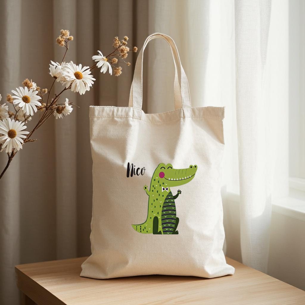 Cute Alligator Tote Bag, Personalized Name Canvas Shoulder Bag for Kids and Teens, Gift for Her
